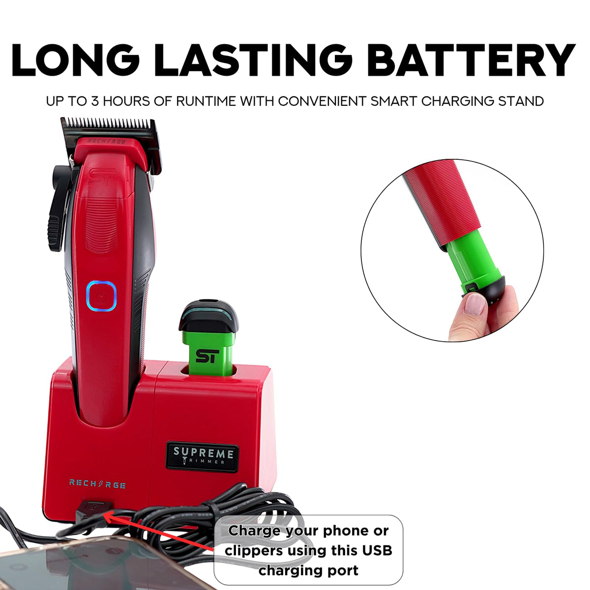 Supreme Trimmer Wiederaufladbare Haarschneidemaschine – Professioneller Haarschneider mit 2 abnehmbaren Batterien, bürstenlosem Motor, intelligentem Ladeständer, USB-C-Ladung und DLC-Klingen Barbiere
