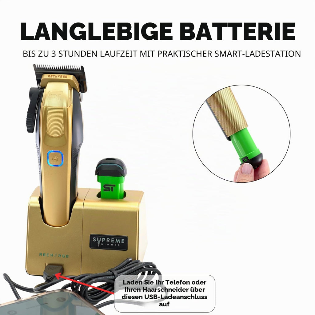 Supreme Trimmer Wiederaufladbare Haarschneidemaschine – Professioneller Haarschneider mit 2 abnehmbaren Batterien, bürstenlosem Motor, intelligentem Ladeständer, USB-C-Ladung und DLC-Klingen Barbiere
