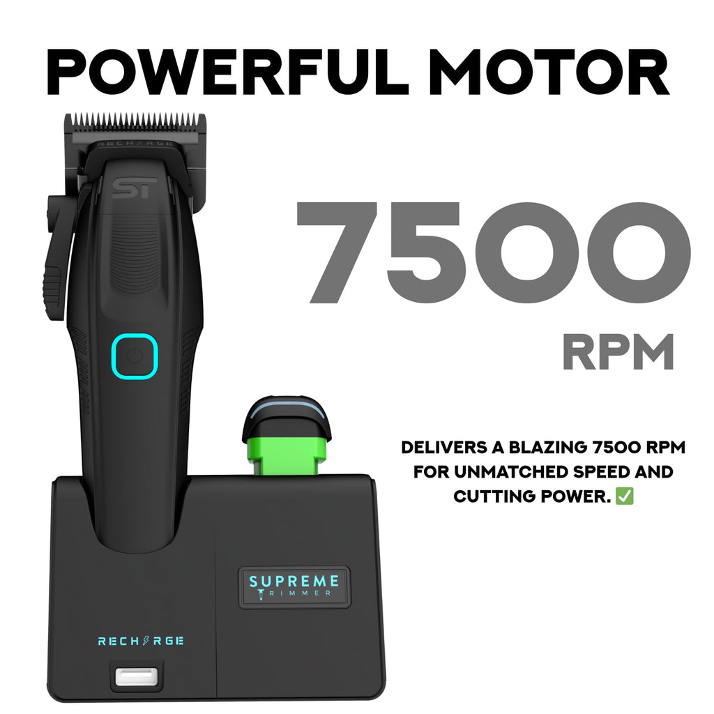 Supreme Trimmer Recharge Clipper - Professional Hair Clipper with 2 Removable Batteries, Brushless Motor, Smart Charge Stand, USB-C Charge & DLC Blades Barbers, STC779, Black