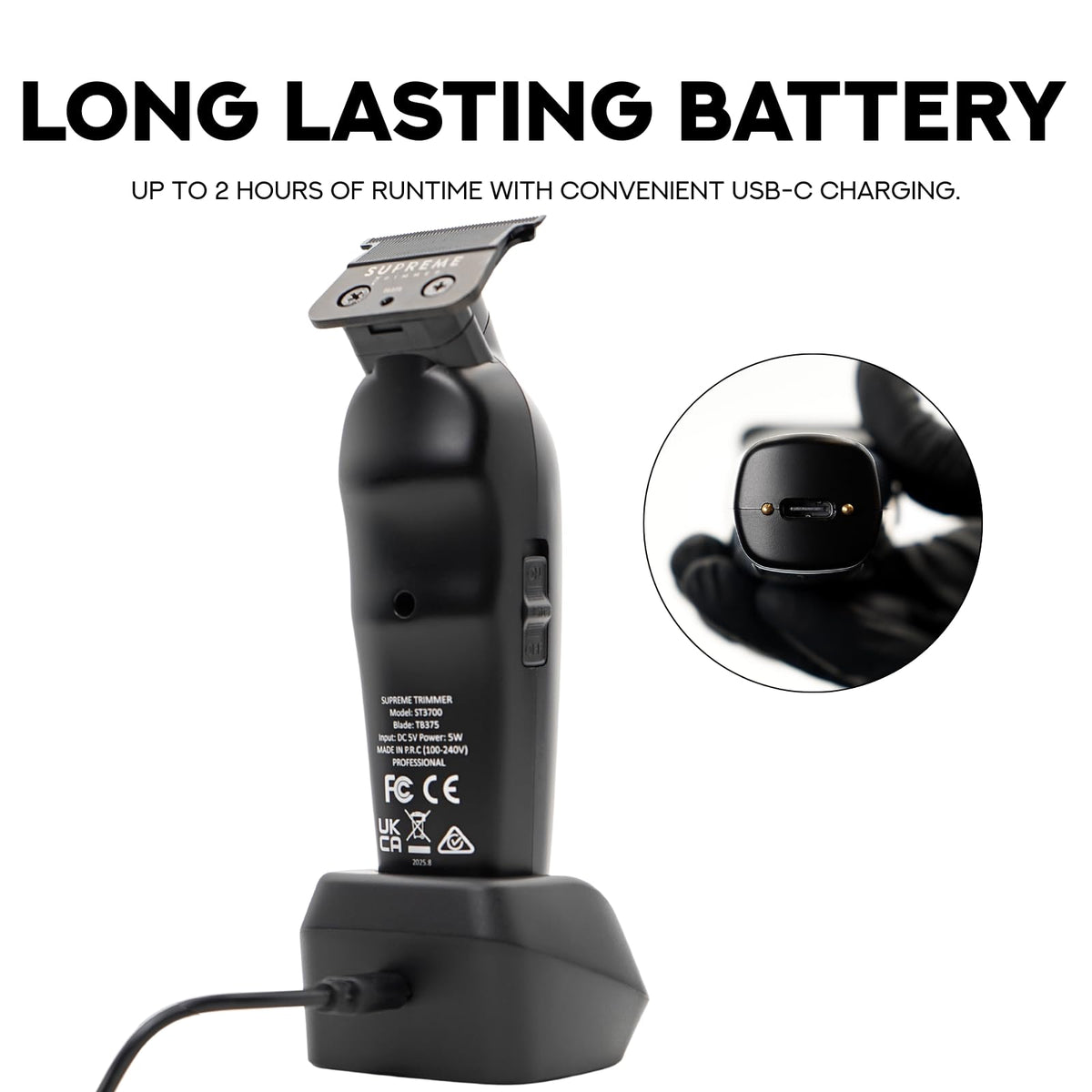 Supreme Trimmer Vader Lite ST3700 – Professioneller kabelloser Friseurauskleidung & Detailer, 120 Minuten Laufzeit, 7000 U/min Motor, Zero Gap DLC T-Blade, USB-C Schnellladung, Bart, Haare & Körper
