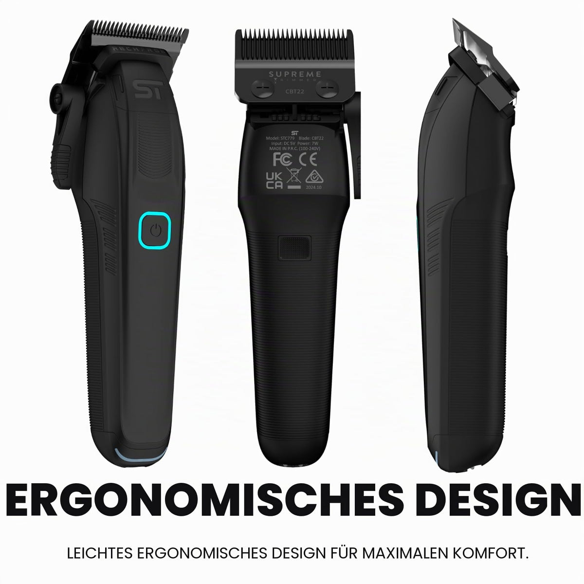 Supreme Trimmer Recharge Clipper - Professional Hair Clipper with 2 Removable Batteries, Brushless Motor, Smart Charge Stand, USB-C Charge & DLC Blades Barbers, STC779, Black