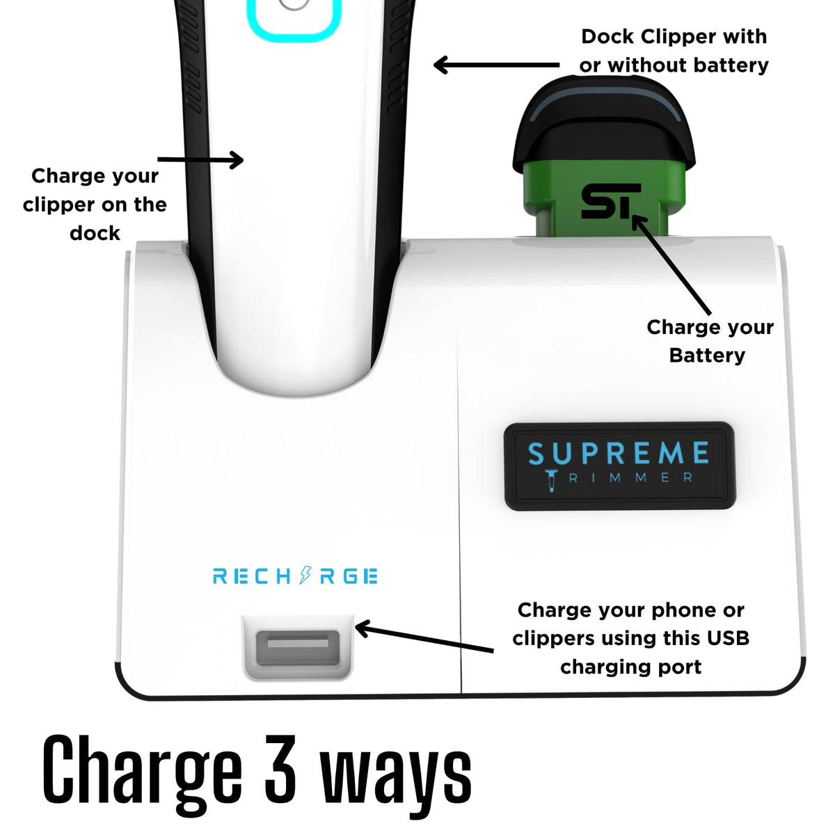 Supreme Trimmer Wiederaufladbare Haarschneidemaschine – Professioneller Haarschneider mit 2 abnehmbaren Batterien, bürstenlosem Motor, intelligentem Ladeständer, USB-C-Ladung und DLC-Klingen Barbiere