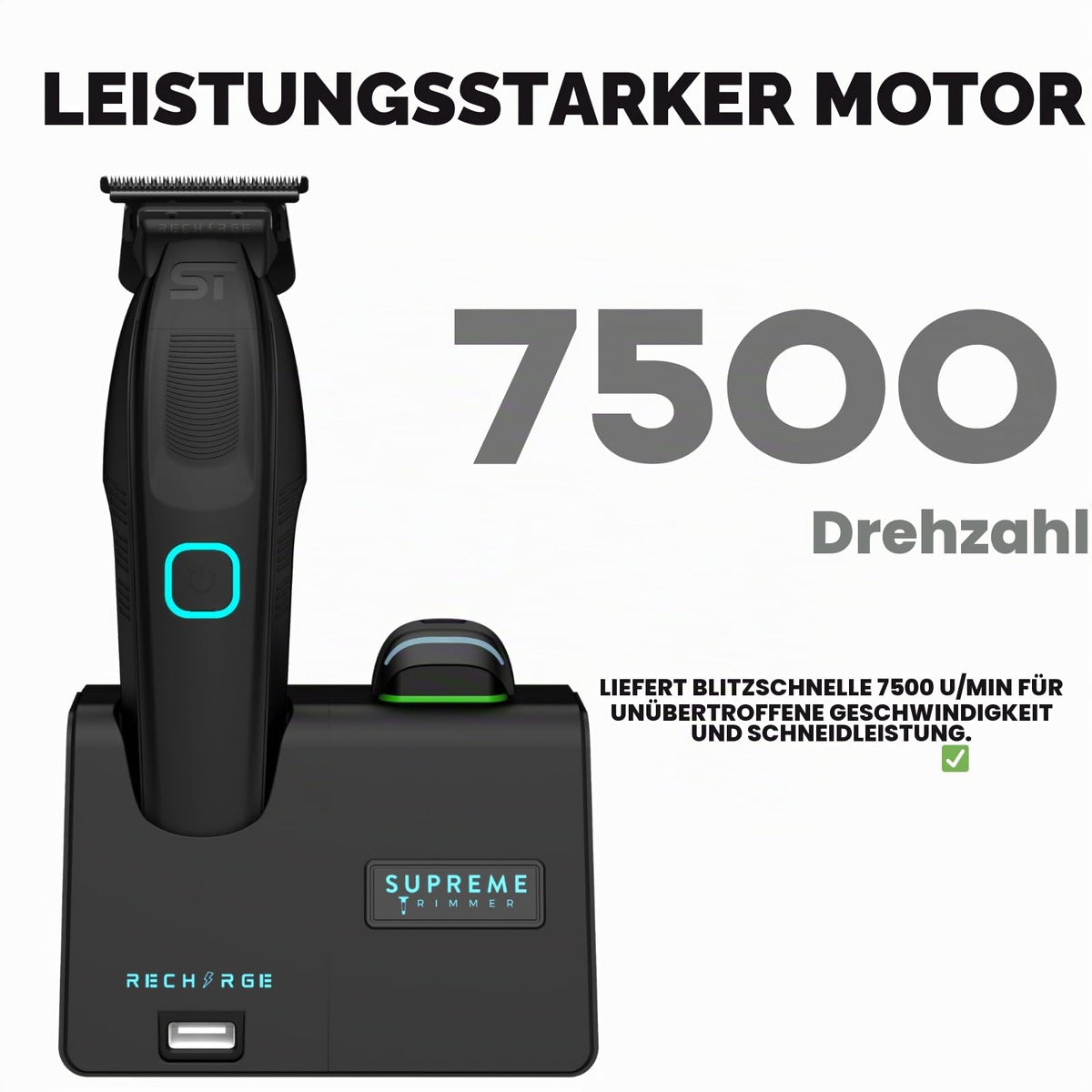 Supreme Trimmer Recharge ST777 – Professional Barber Trimmer with 2 Removable Batteries | 8000 RPM Motor, Smart Charging Dock, USB-C Fast Charge