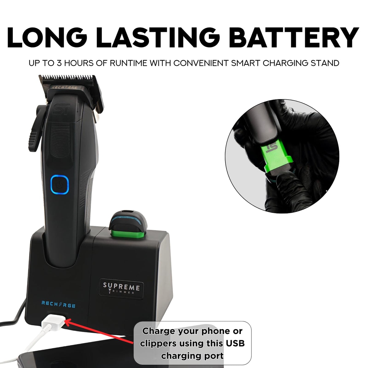 Supreme Trimmer Recharge Clipper - Professional Hair Clipper with 2 Removable Batteries, Brushless Motor, Smart Charge Stand, USB-C Charge & DLC Blades Barbers, STC779, Black