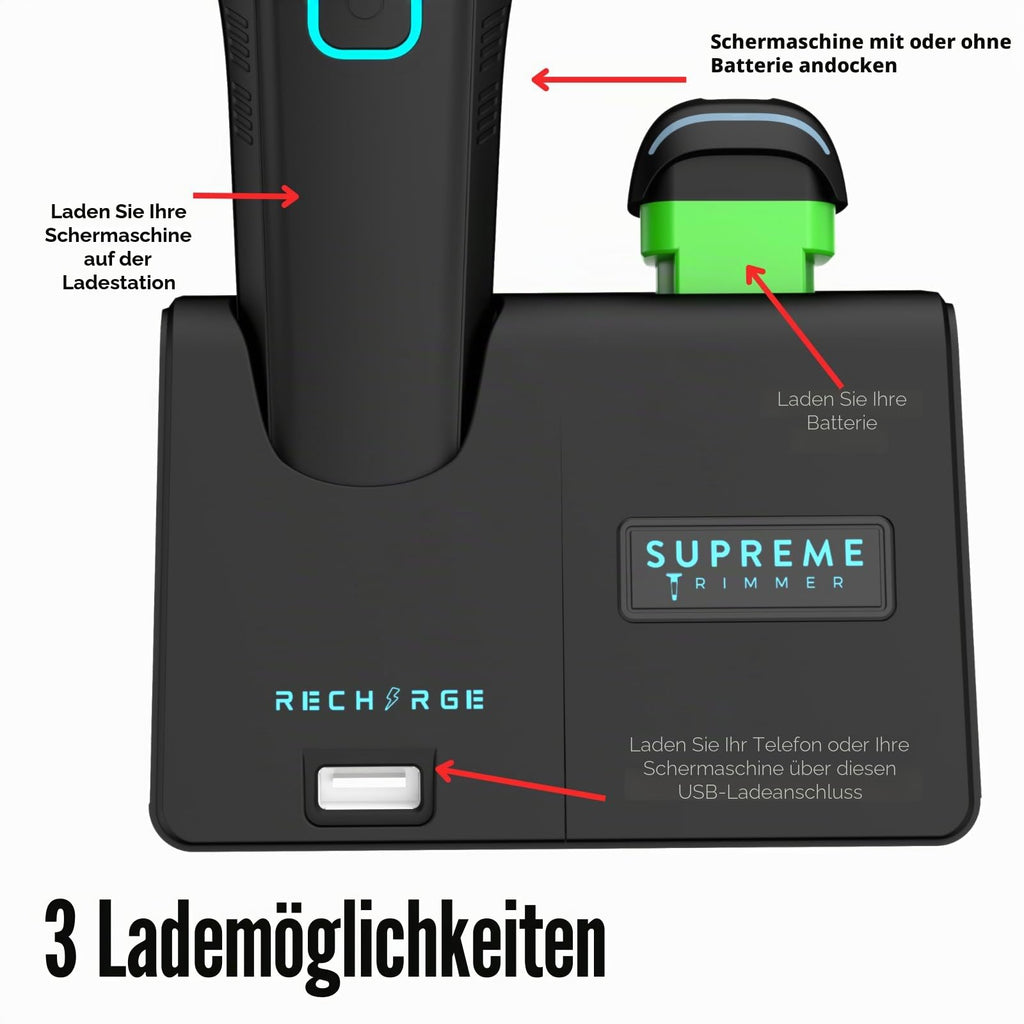 Supreme Trimmer Recharge Clipper - Professional Hair Clipper with 2 Removable Batteries, Brushless Motor, Smart Charge Stand, USB-C Charge & DLC Blades Barbers, STC779, Black