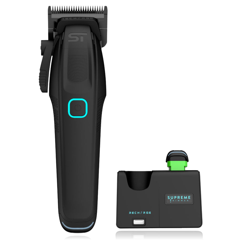 Supreme Trimmer Recharge Clipper - Professional Hair Clipper with 2 Removable Batteries, Brushless Motor, Smart Charge Stand, USB-C Charge & DLC Blades Barbers, STC779, Black