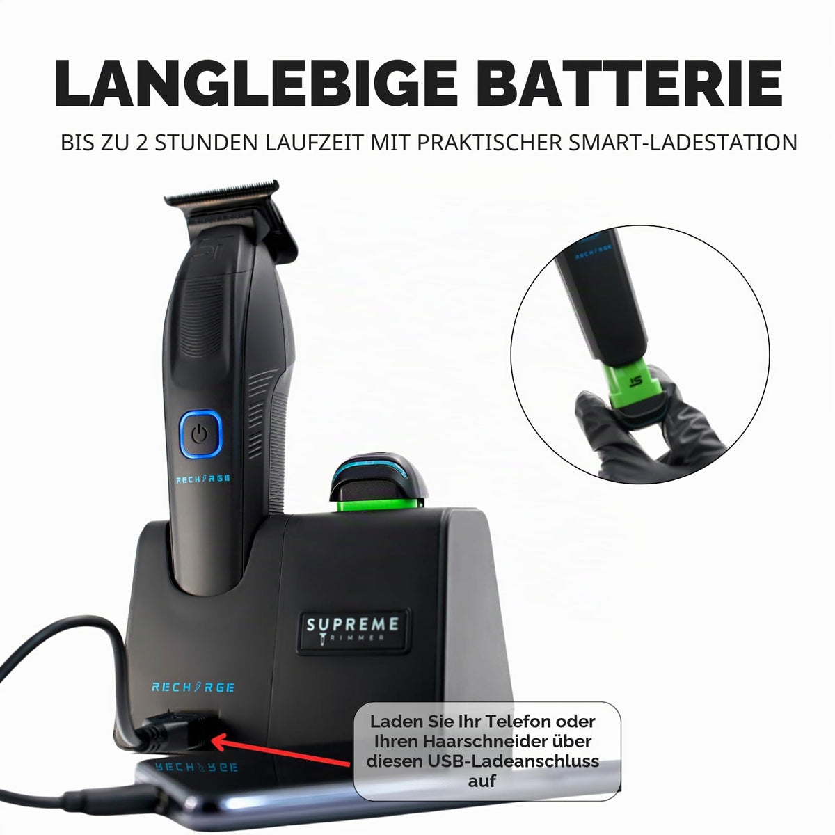 Supreme Trimmer Recharge ST777 – Professional Barber Trimmer with 2 Removable Batteries | 8000 RPM Motor, Smart Charging Dock, USB-C Fast Charge