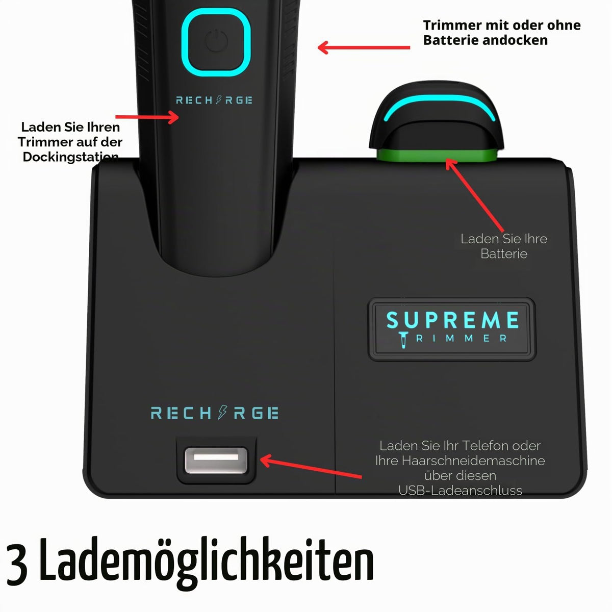 Supreme Trimmer Recharge ST777 – Professional Barber Trimmer with 2 Removable Batteries | 8000 RPM Motor, Smart Charging Dock, USB-C Fast Charge